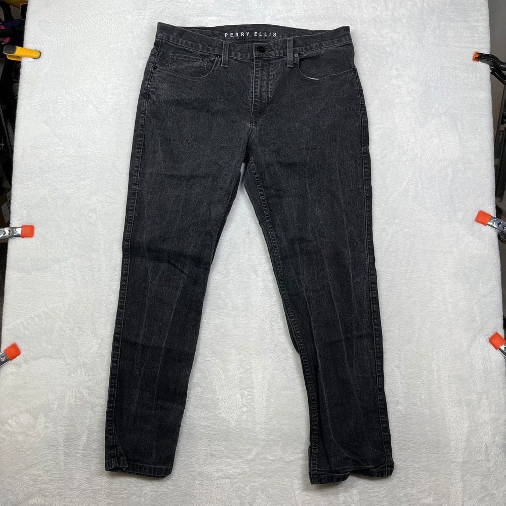 Perry Ellis Jeans Men's Black‎ Denim Stretch Slim Straight Zip Fly - 35X28.5